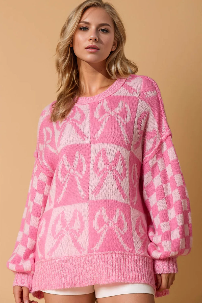 Checkered Bow Contrast Long Sleeve Sweater Main image