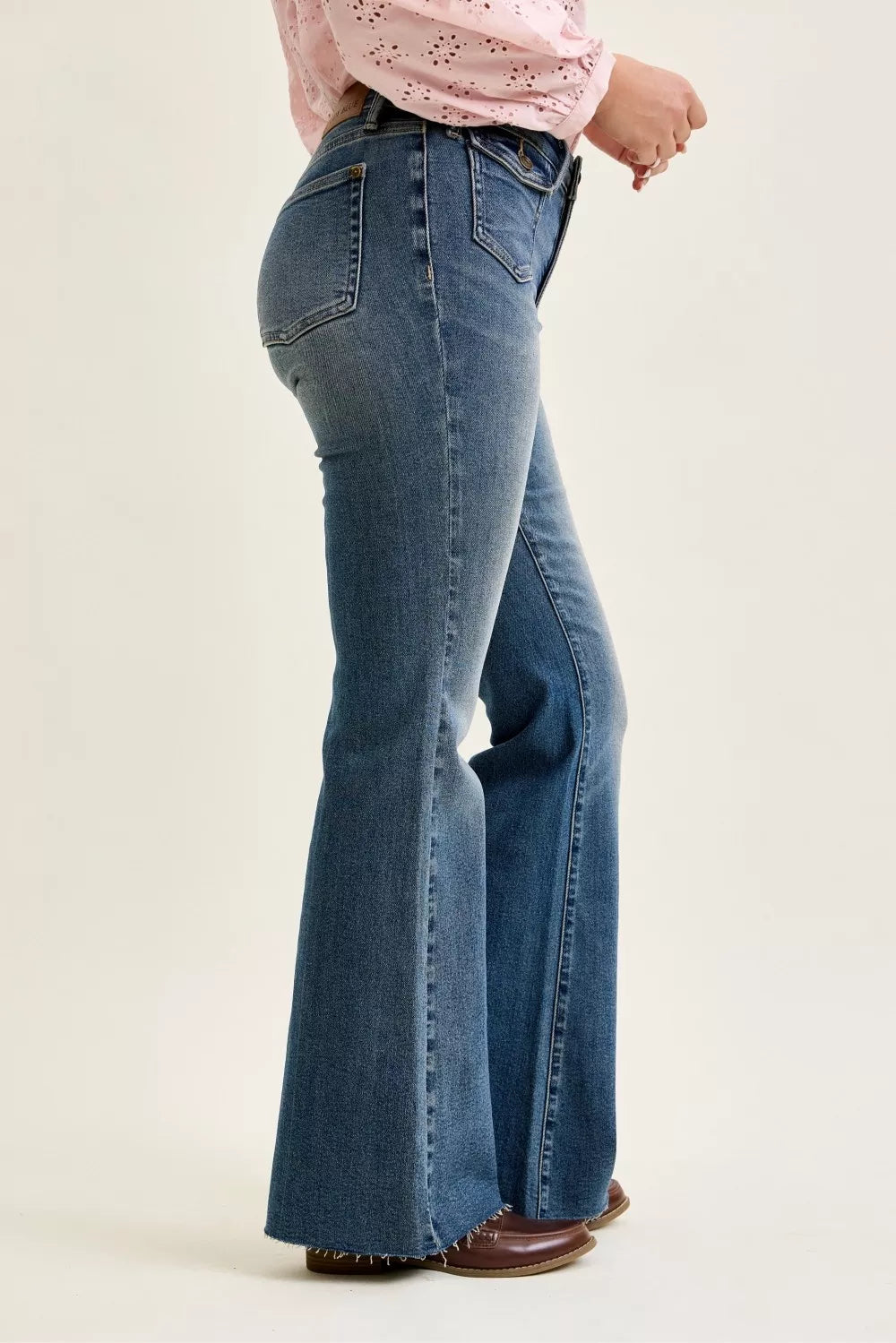 Judy Blue Mid Rise Flare Jeans with Front Flap Pockets and Raw Hem Secondary image