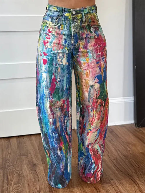 Painted Wide Leg Cotton Blend Pants with Pockets