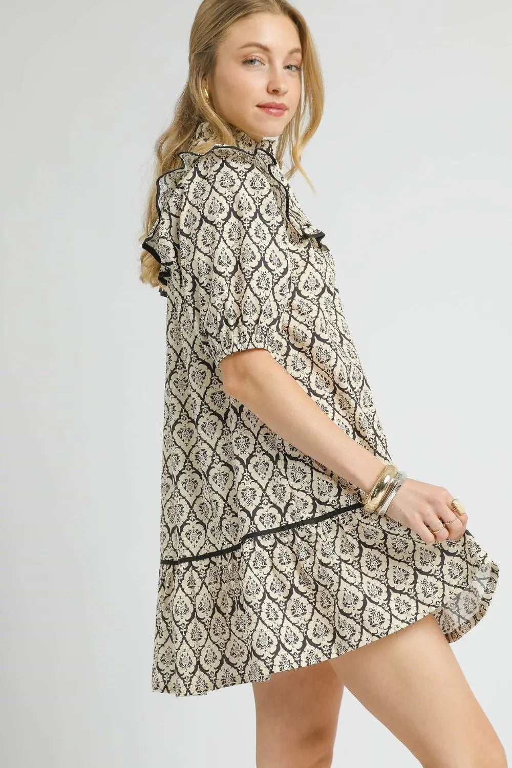 Umgee Ruffled Printed Puff Sleeve Mini Dress Secondary image