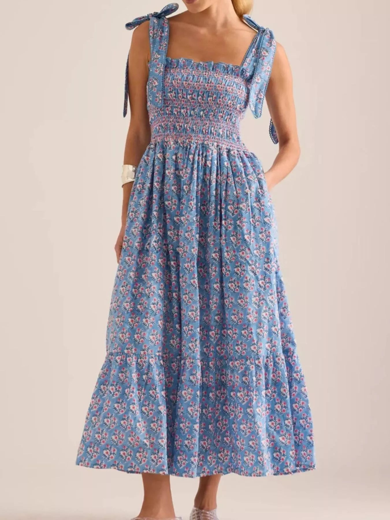 Floral Smocked Tie-Shoulder Midi Dress Secondary image