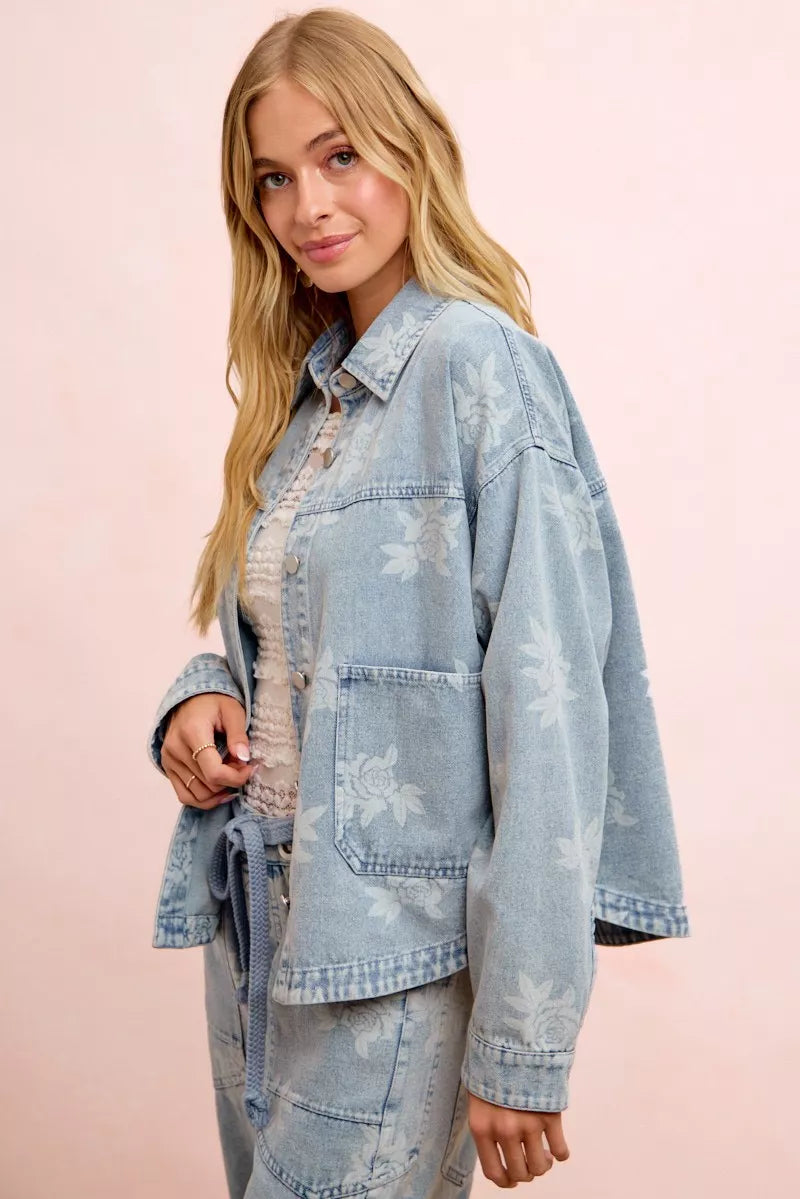 Printed Washed Denim Jacket with Pocket Secondary image