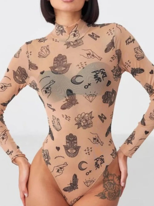 Printed Long Sleeve Mock Neck Bodysuit