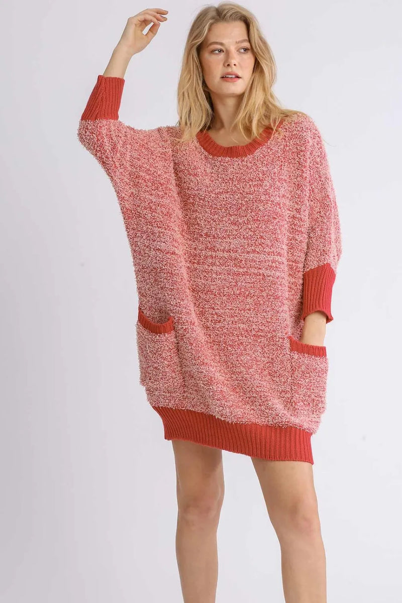 Cozy Ribbed Hem Sweater Dress with Pockets and 3/4 Sleeves Main image