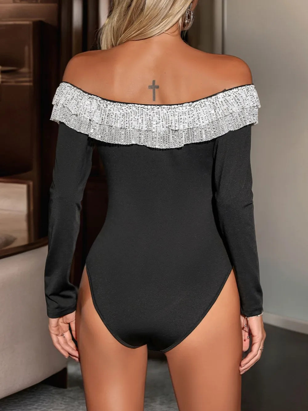 Sequin Ruffled Off-Shoulder Long Sleeve Bodysuit Secondary image