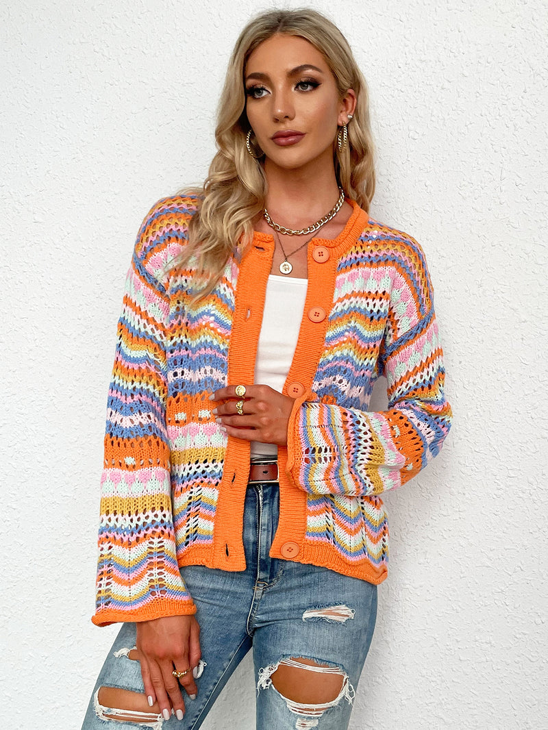 Chevron Stripe Openwork Button-Down Cardigan Main image