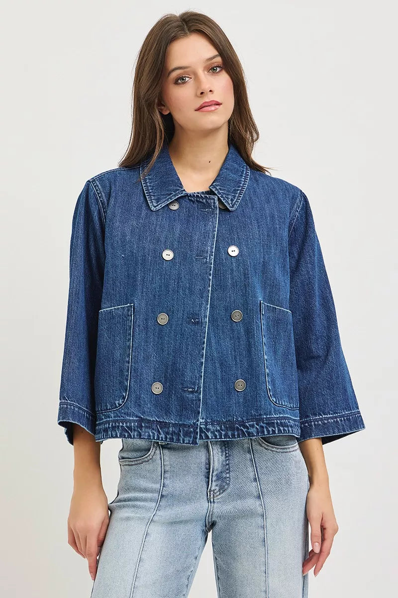 Double-Breasted Cropped Flowy Denim Jacket Secondary image
