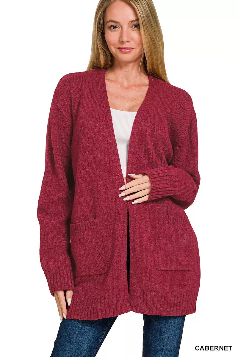 Open Front Sweater Cardigan with Pockets and Ribbed Detail Main image