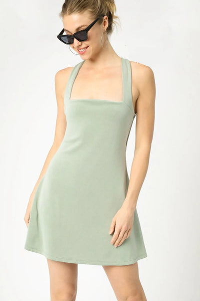 Crisscross Square Neck Sage Green Active Tank Dress