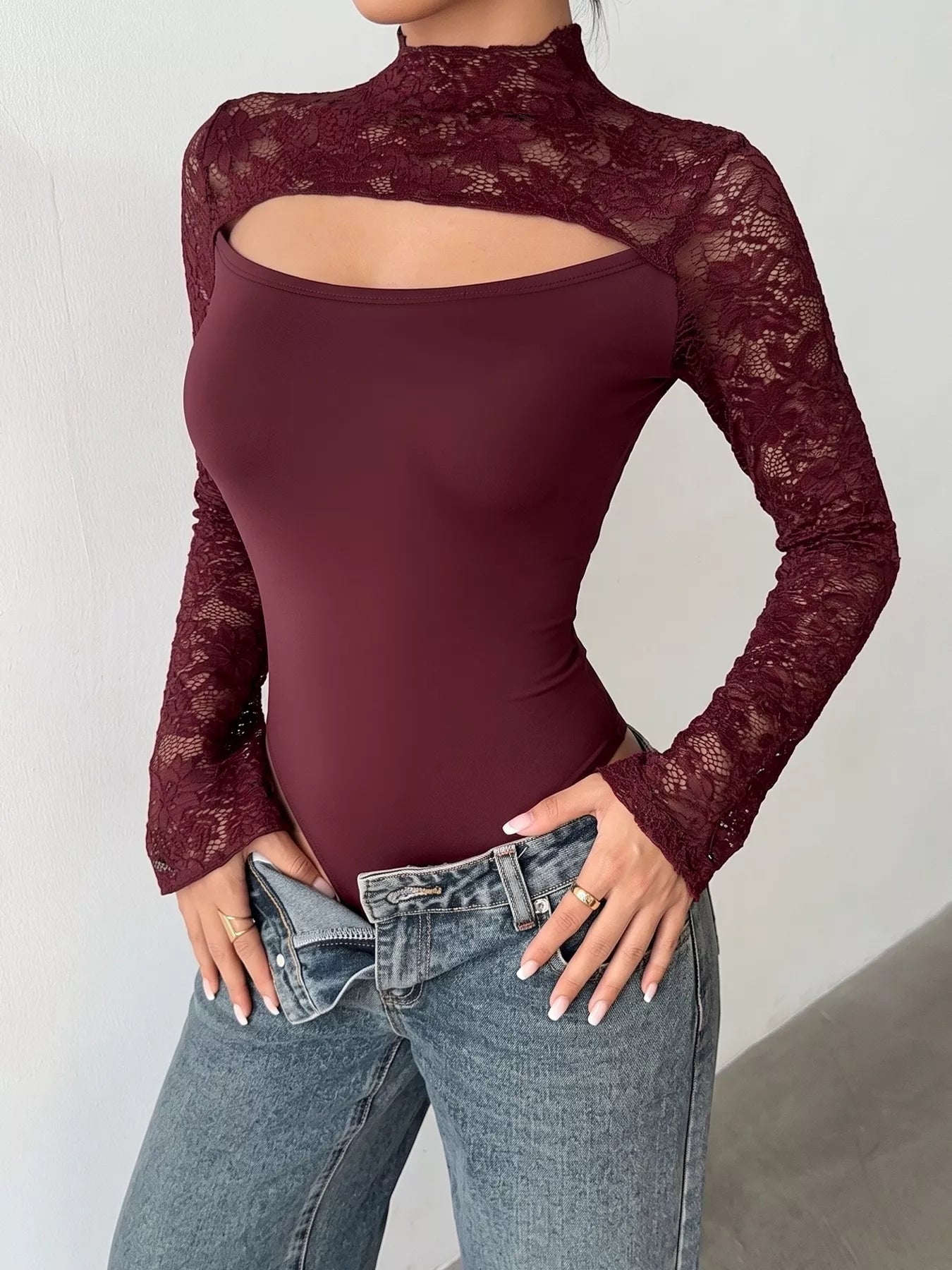 Lace Sheer Cut-Out Flare Sleeve Bodysuit Secondary image