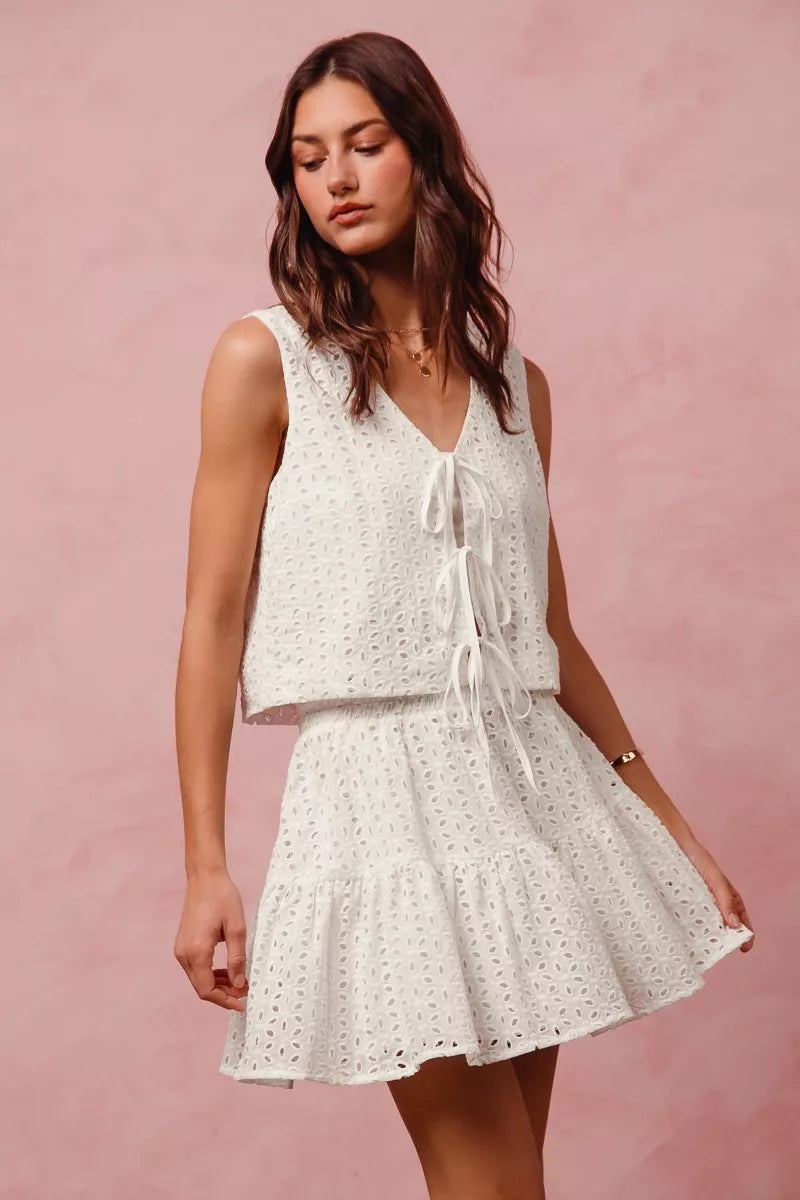 SO ME Floral Eyelet Lace Tie Front Vest Top and Tiered Mini Skirt Set Secondary image