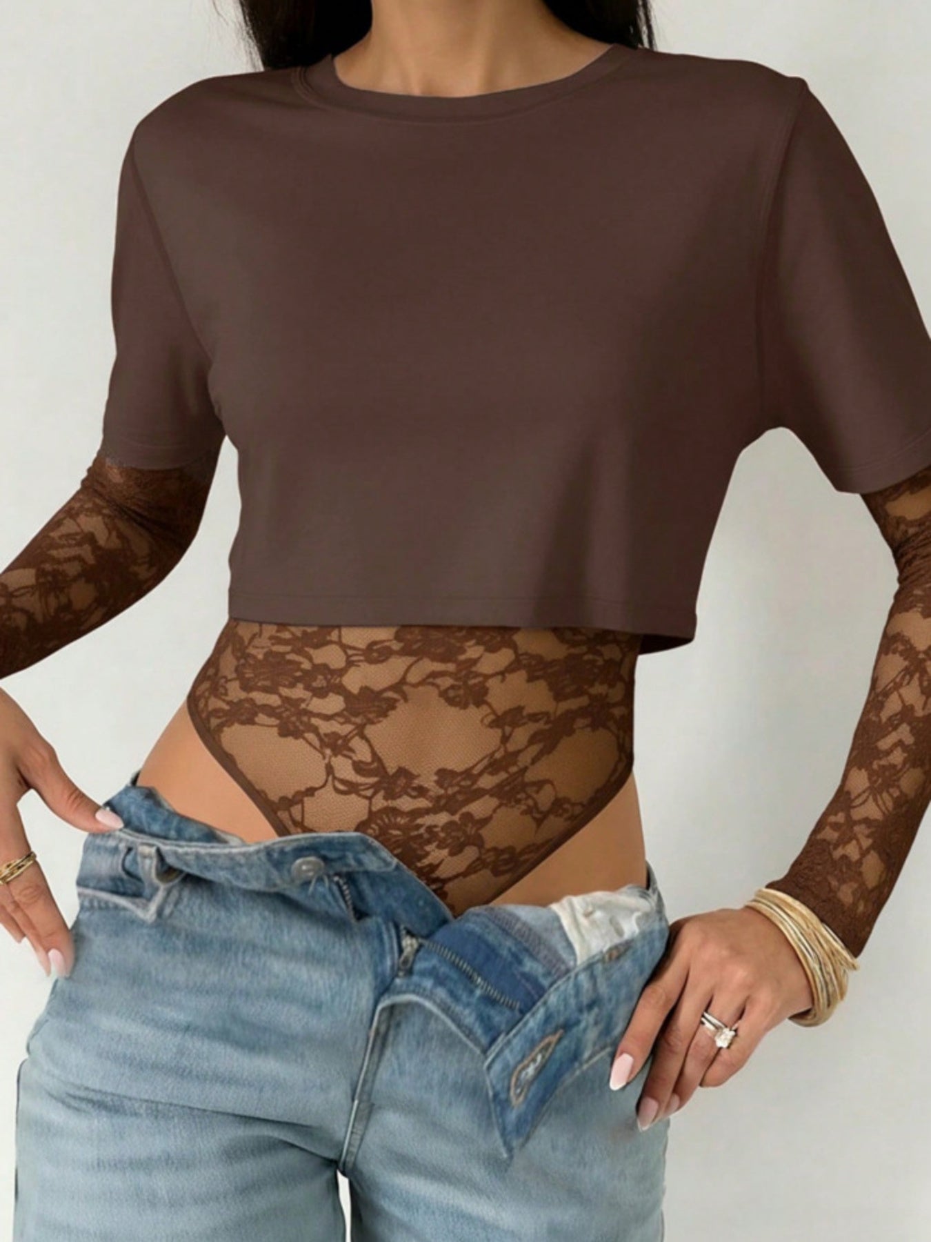 Round Neck Lace Patchwork Bodysuit Secondary image