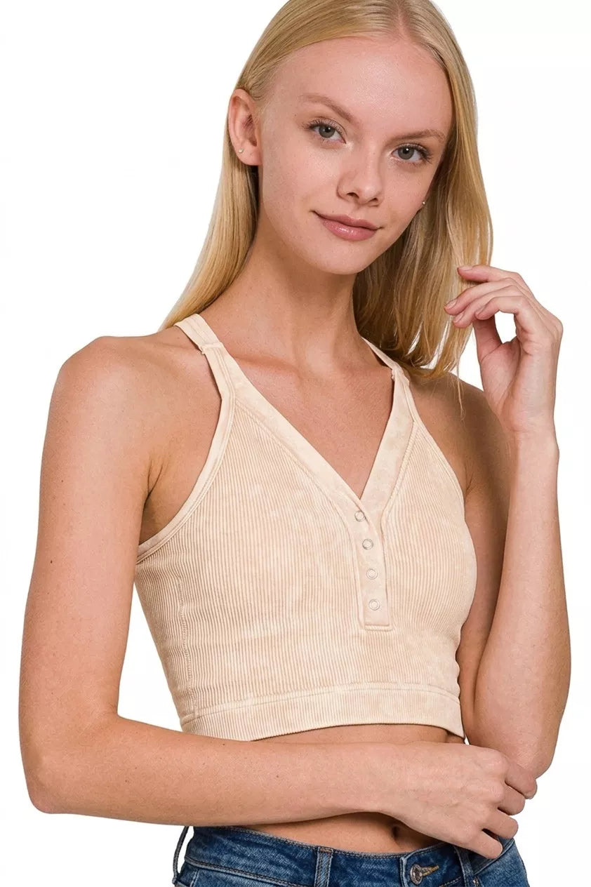 Zenana Washed Ribbed Seamless Button V-neck Tank Top Secondary image