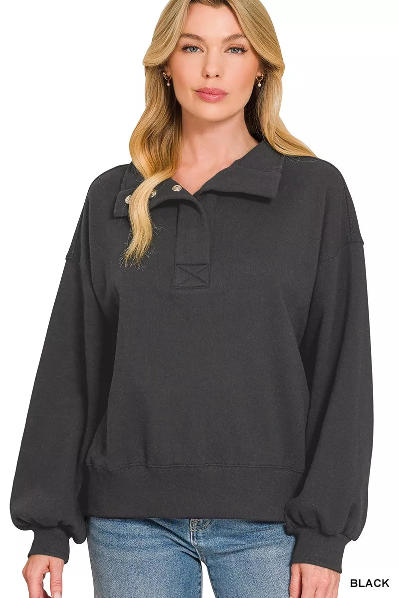 Fleece Half Snap Button Sweatshirt with Drawstring and Stretch Main image