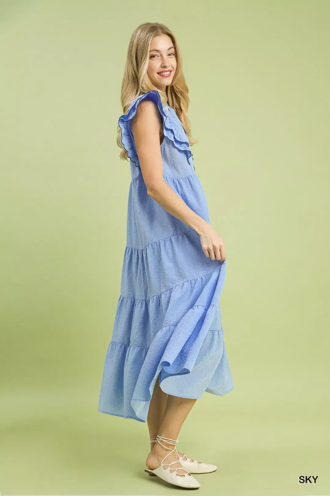 Umgee Seersucker Ruffle Sleeve Tiered Midi Dress Secondary image
