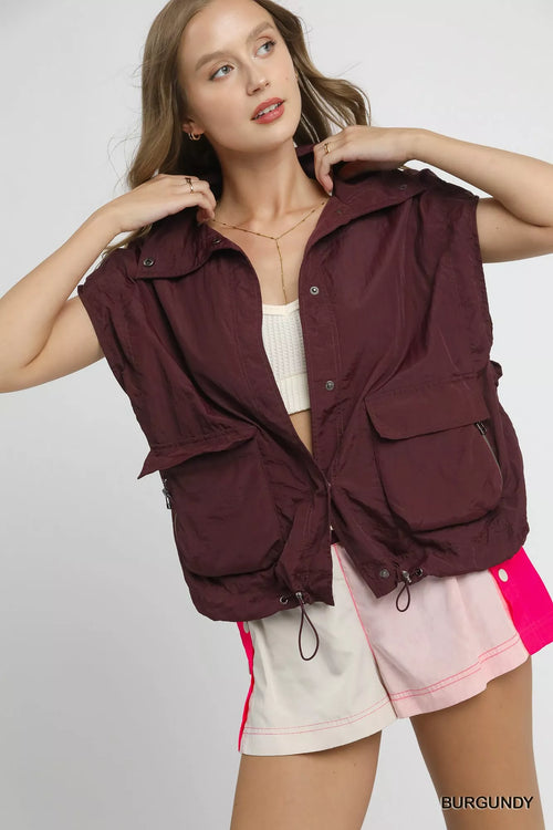 Drawstring Hem Nylon Vest with Pockets and Snap Button Closure