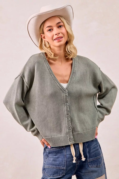 Washed V Neck Sweater Cardigan