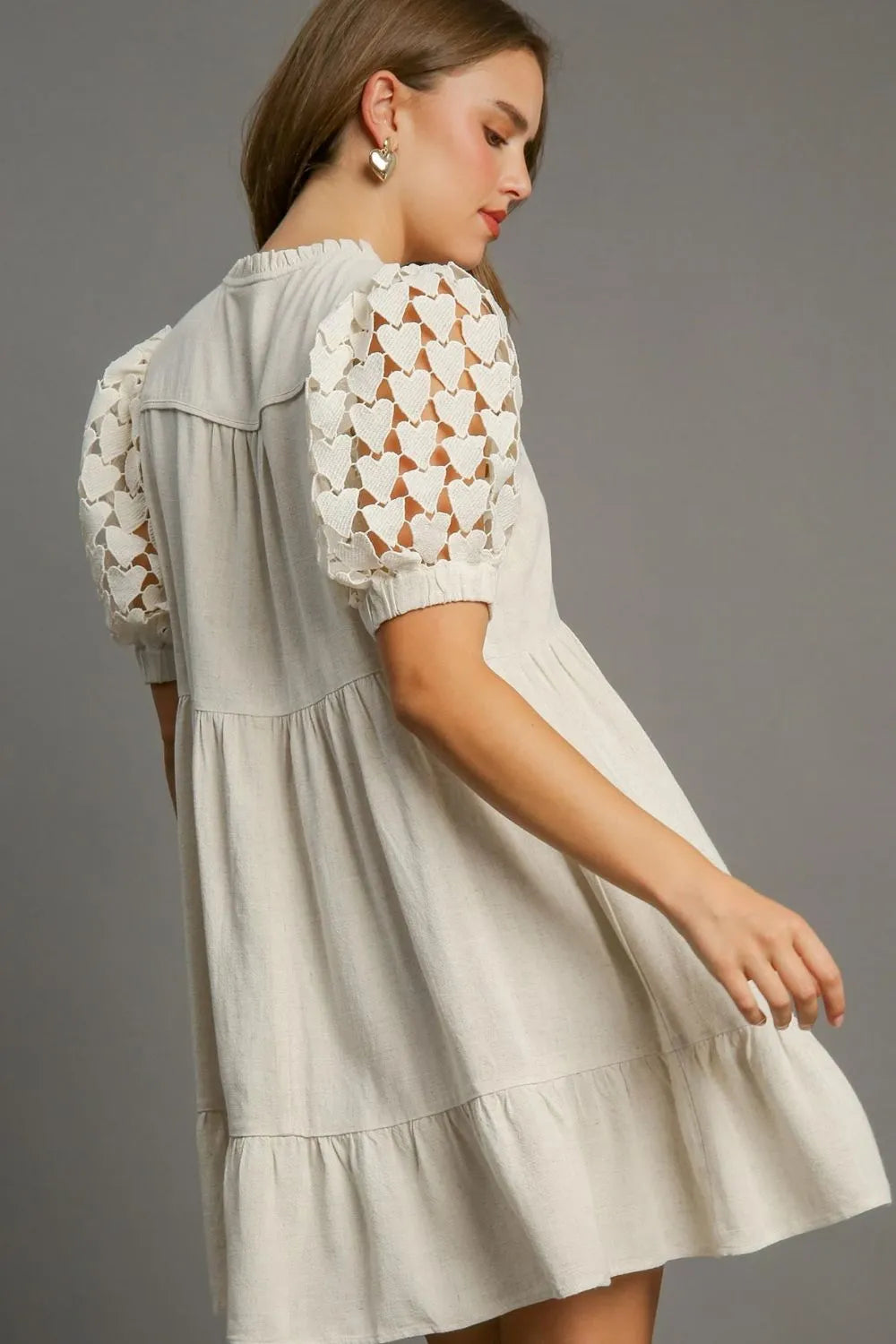 Umgee Full Size Ruffled Hem Heart Lace Sleeve Tie Neck Dress Plus Size Secondary image