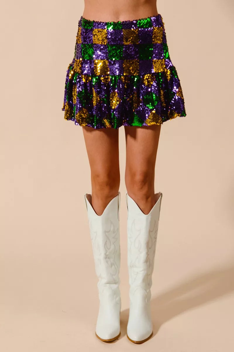 SO ME Mardi Gras Checker Sequins Mini Skirt Secondary image