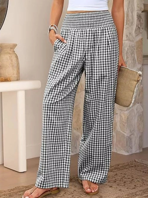 Gingham Wide-Leg Pants with Pockets