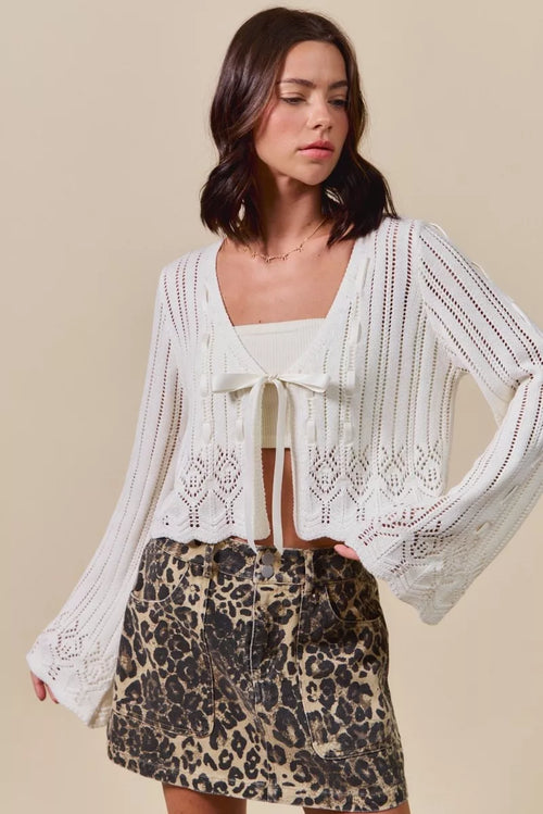 Textured Open Front Cardigan Sweater with Ribbon Tie