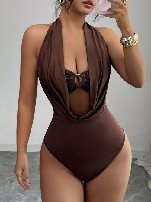 Halter Neck Ruched Ring Detail Stretch Bodysuit