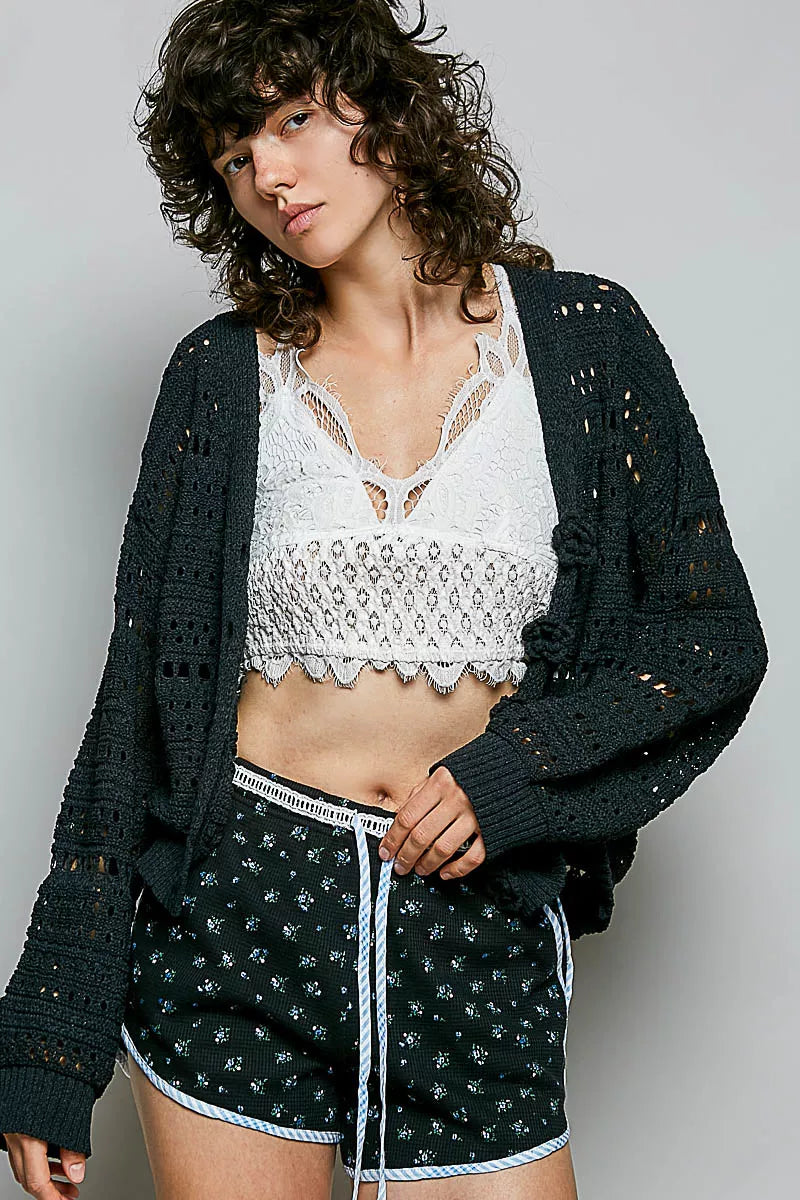 Open-Knit Floral Button Cardigan with 3D Floral Buttons Main image
