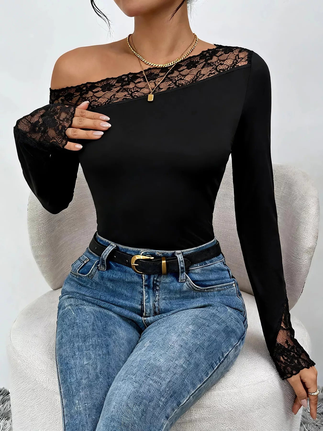 Lace Trim Sheer Stretch One Shoulder Bodysuit Secondary image