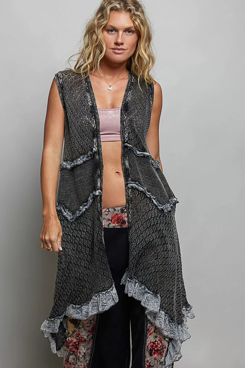 Vintage Wash Ruffled Crochet Vest Cardigan Secondary image