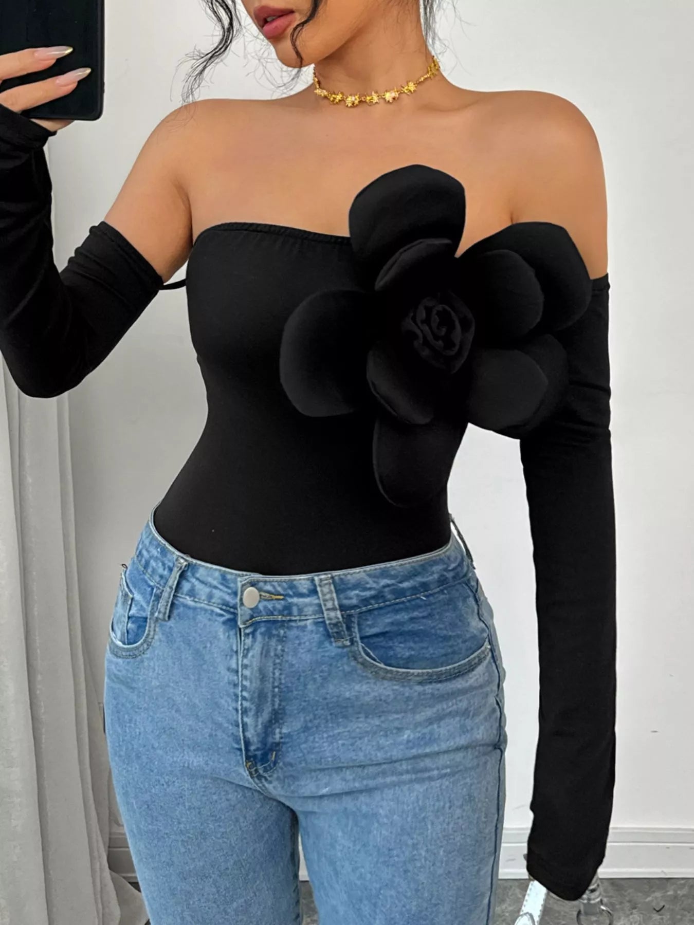 Flower Off-Shoulder Long Sleeve Bodysuit Secondary image