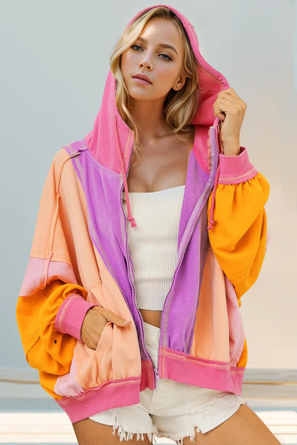 Double Take Full Size Color Block Zip Up Hoodie Secondary image