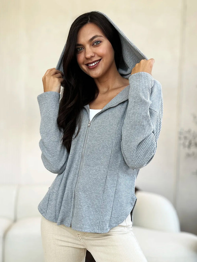 Ribbed Zip Up Drawstring Hooded Jacket Secondary image