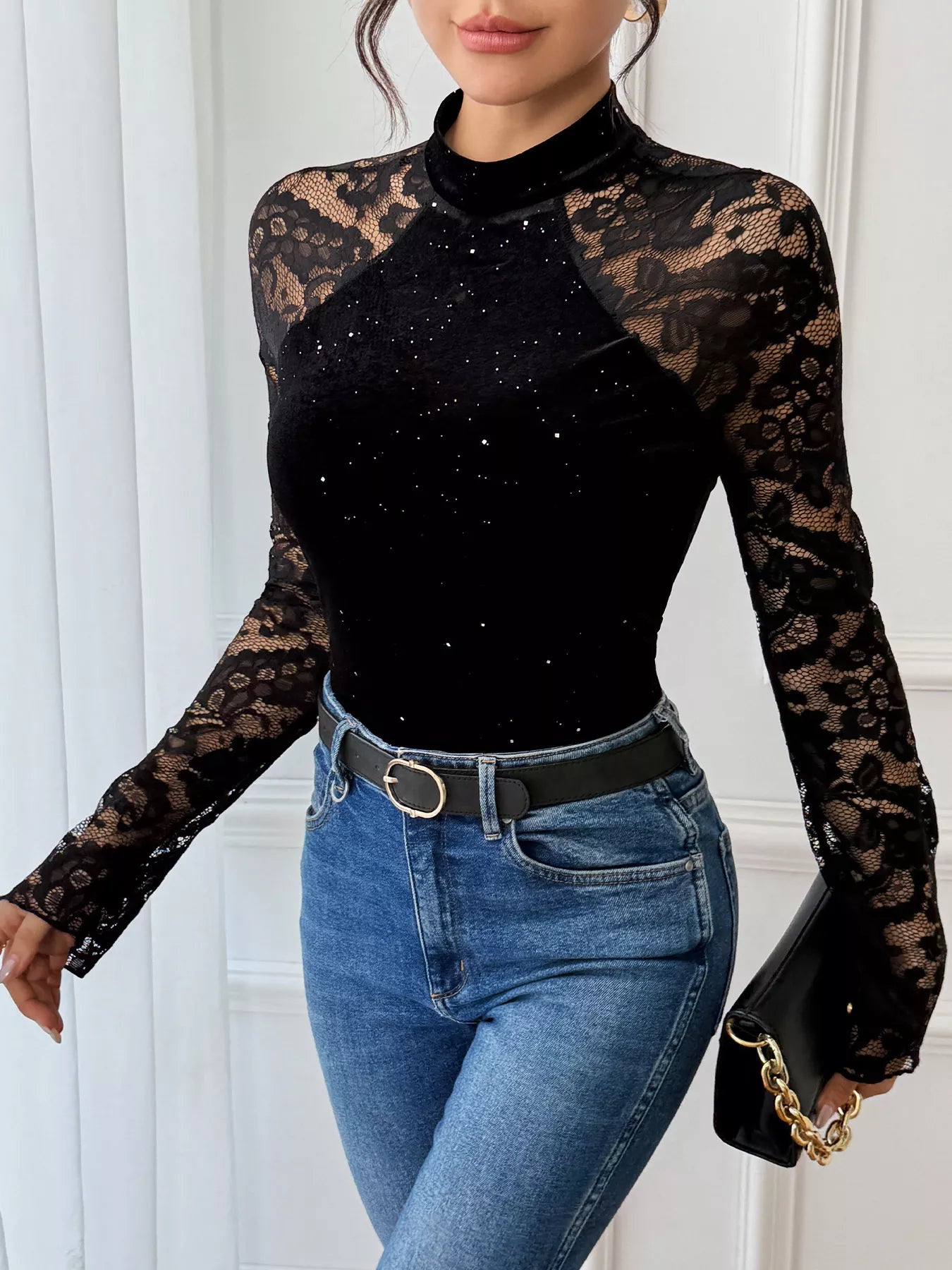 Sheer Lace Mock Neck Bodysuit with Buttons Secondary image