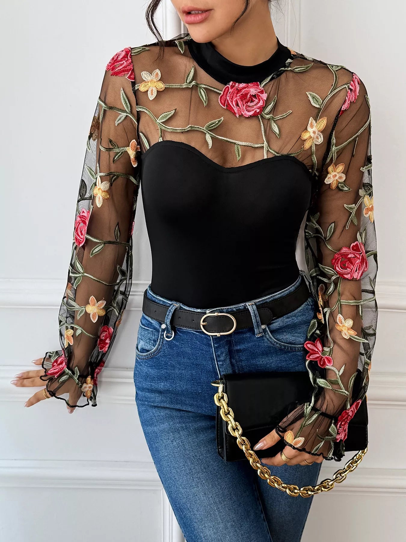 Embroidered Floral Mesh Long Sleeve Bodysuit Secondary image