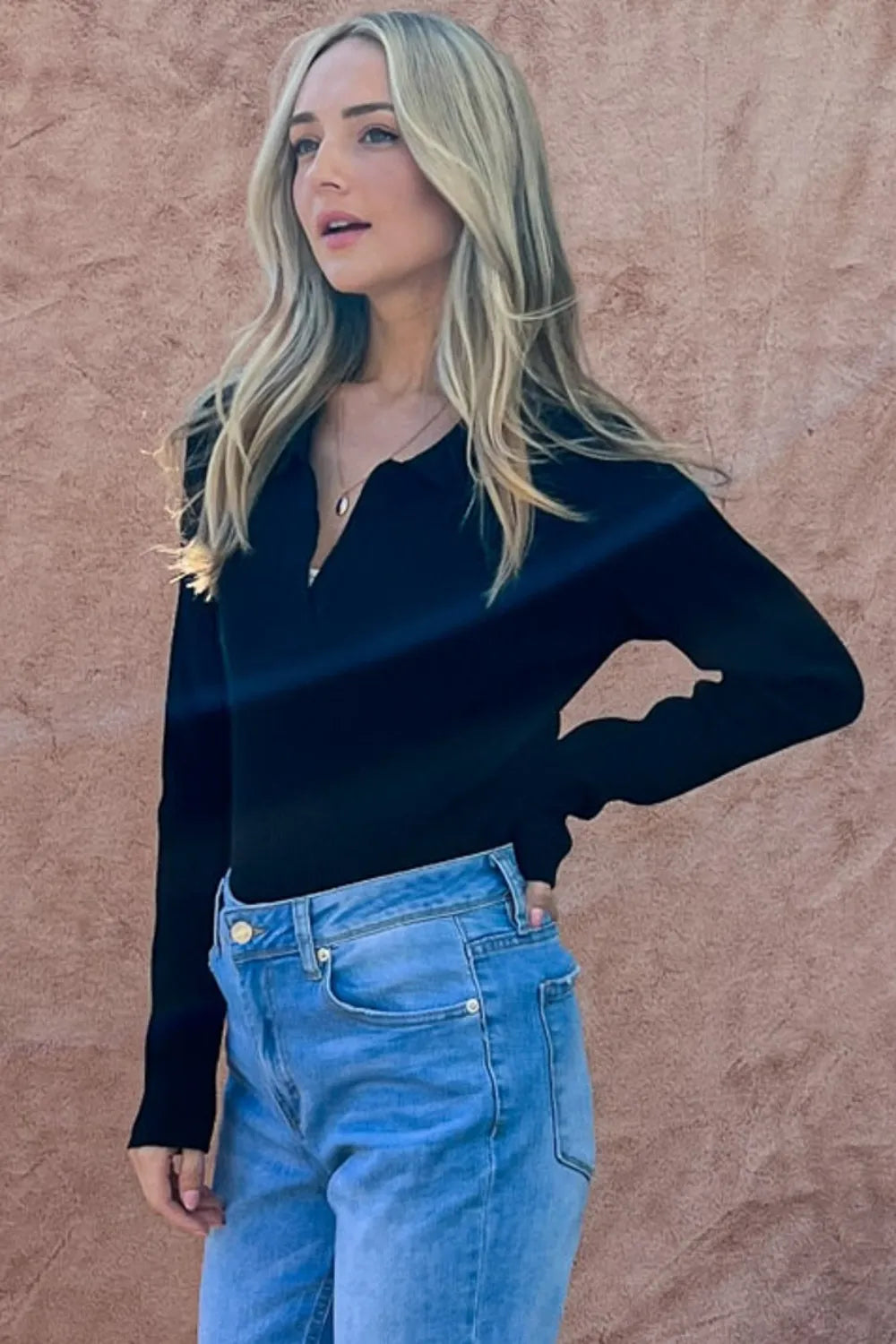 And The Why Full Size Johnny Collar Long Sleeve Ribbed Bodysuit Secondary image