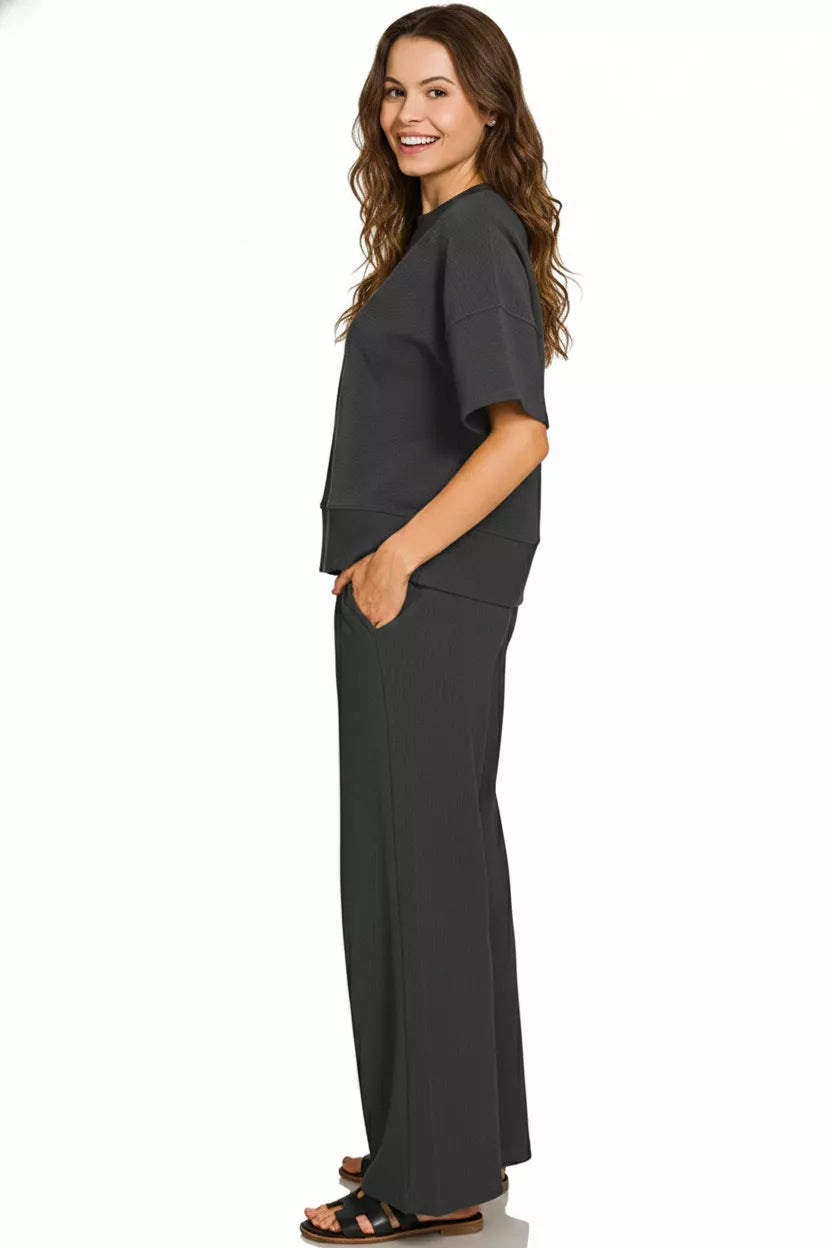 Zenana Ribbed Round Neck Tee & Pants Set Secondary image