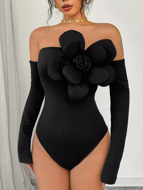 Off-Shoulder Long Sleeve Flower Bodysuit