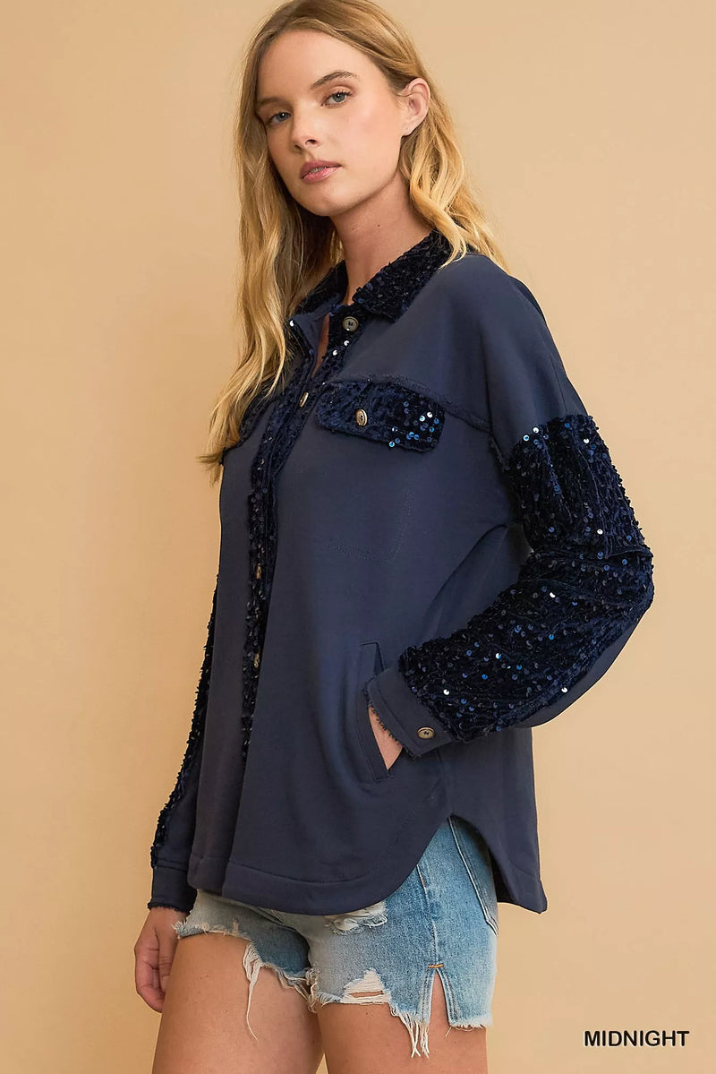 Sequined French Terry Jacket with V Neckline and Frayed Hem Secondary image
