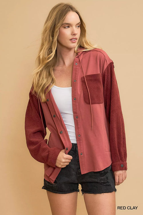 Washed French Terry Shacket with Buttoned Pockets and Drawstring