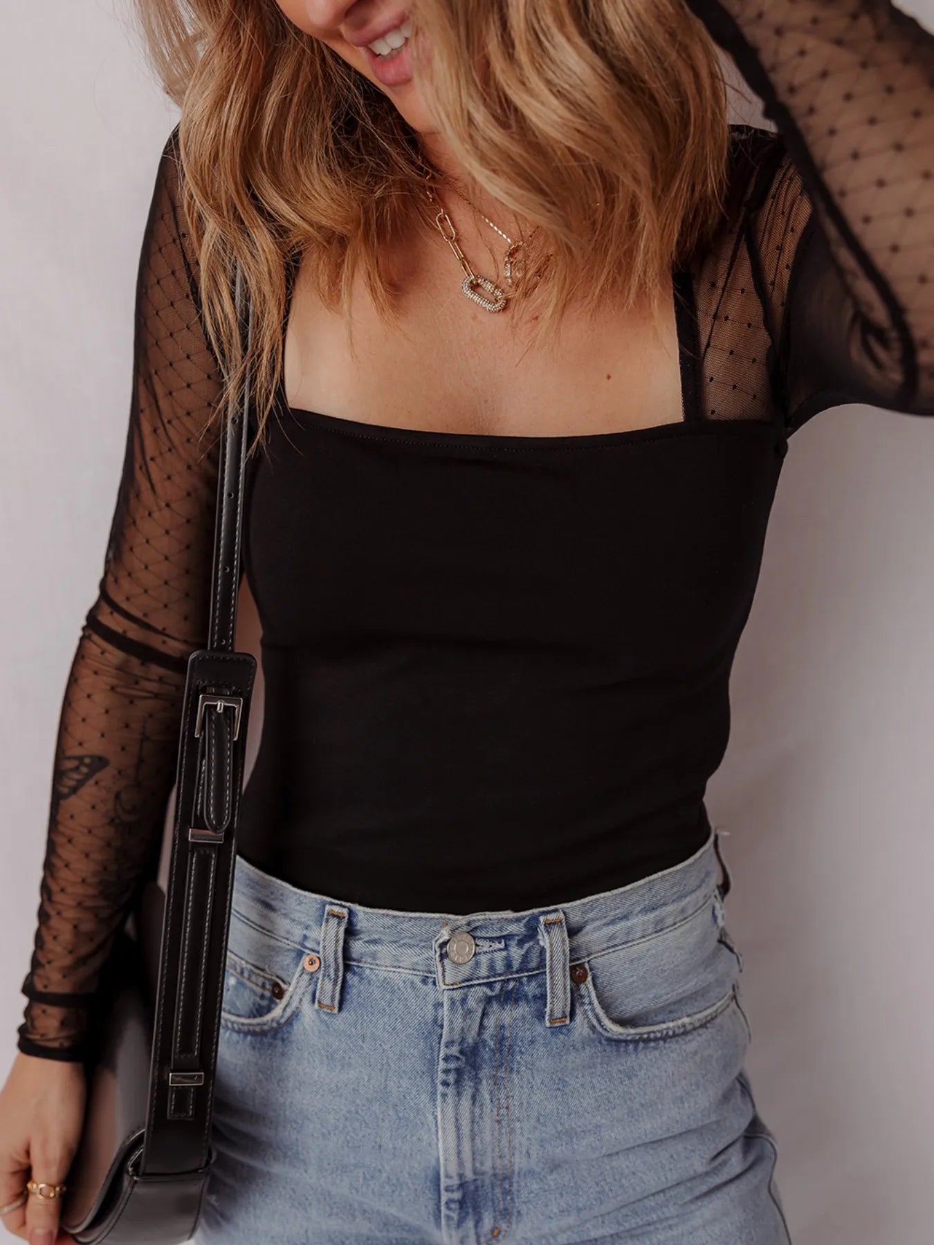 Square Neck Mesh Sleeve Bodysuit Secondary image