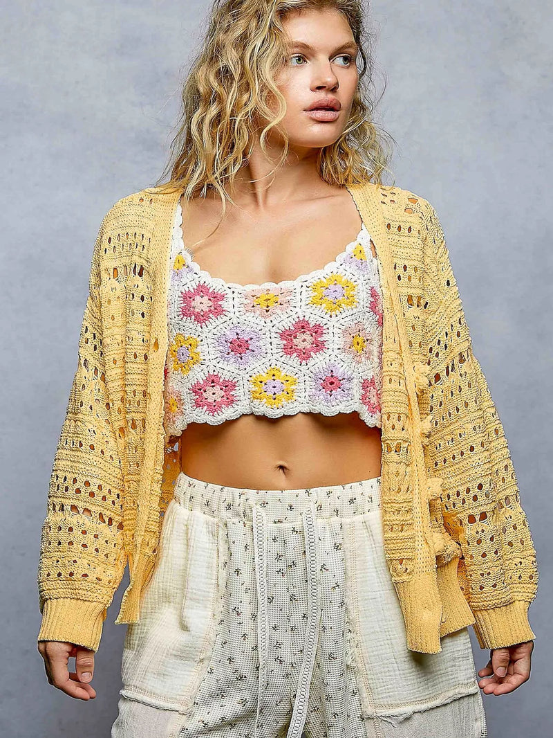 Open-Knit Floral Button Cardigan with 3D Floral Buttons Main image