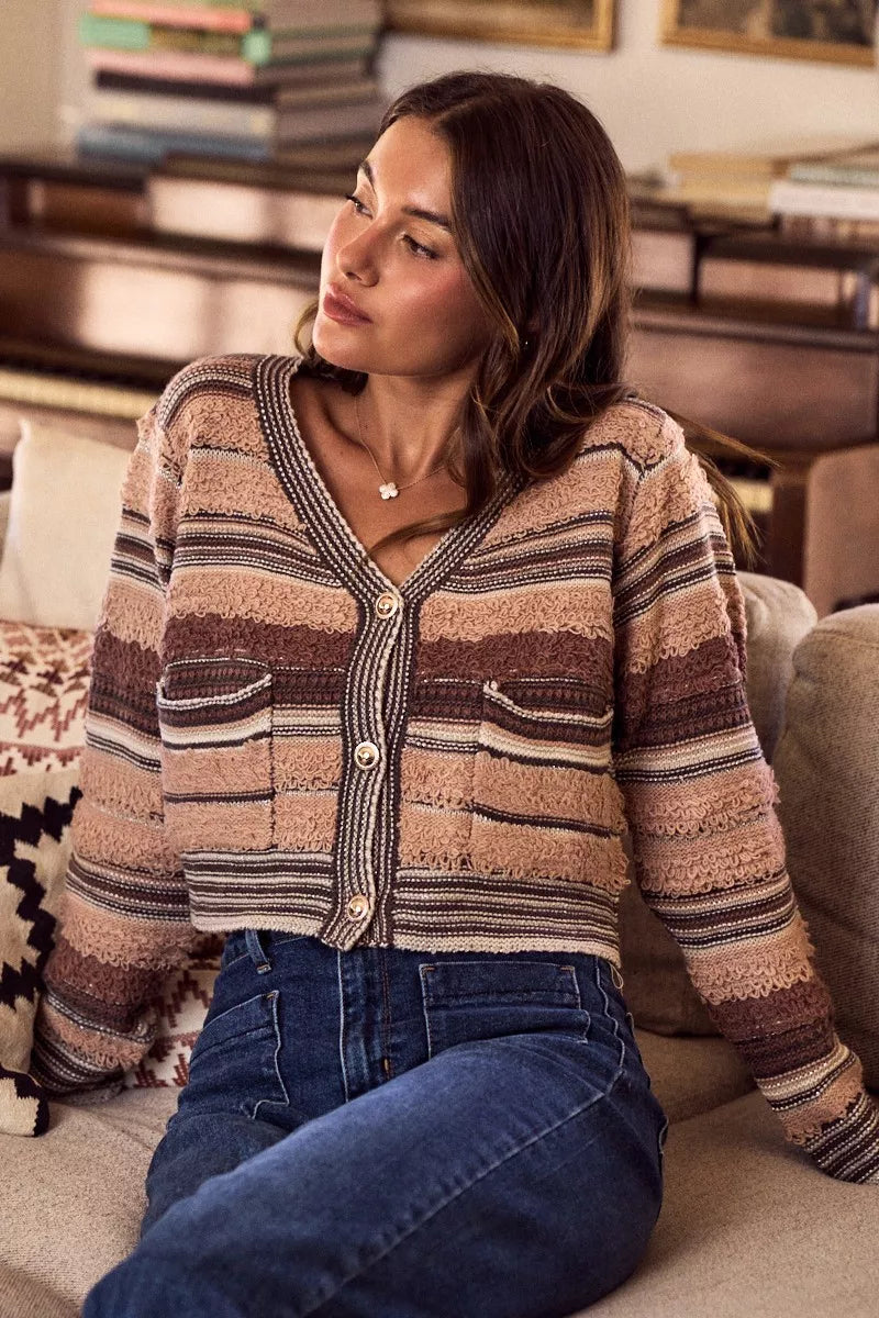 Textured Variegated Multi-Color Cardigan with Buttons and Pockets Secondary image