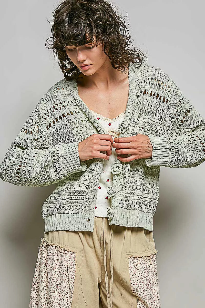 Open-Knit Floral Button Cardigan with 3D Flower Accents Main image
