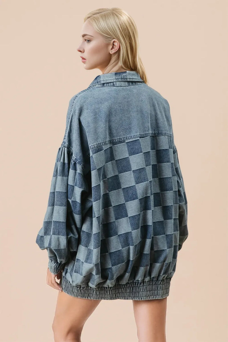 Checkered Denim Jacket with Button-Up Design Secondary image