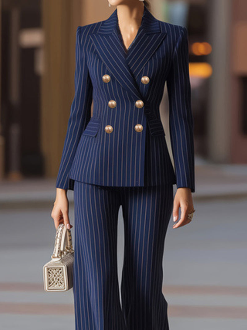 Striped Double-Breasted Blazer and Wide Leg Pants Set Secondary image