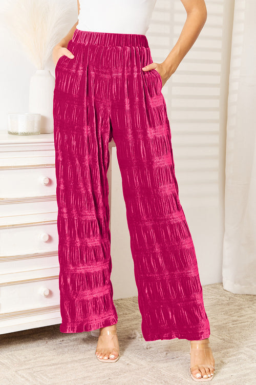 High Waist Tiered Shirring Velvet Wide Leg Pants with Pockets