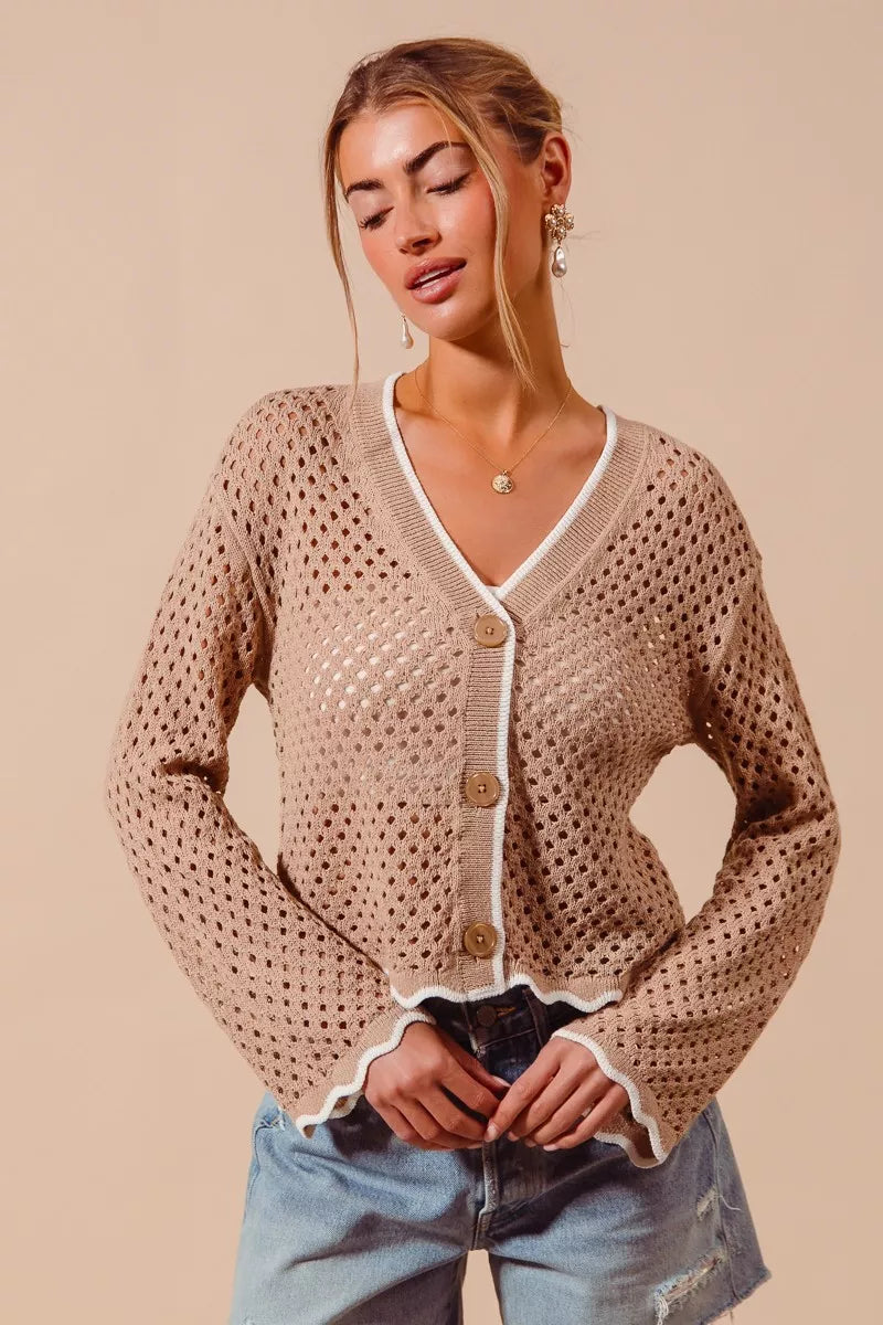 Open Knit Lightweight Sweater Cardigan with Contrast Wavy Scallop Edge Main image