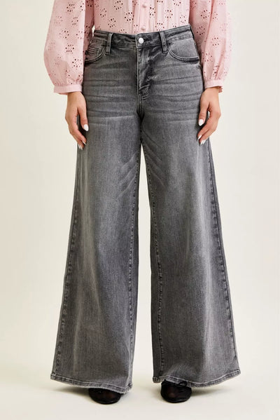 Judy Blue Mid Rise Palazzo Pants with Split Back Yoke