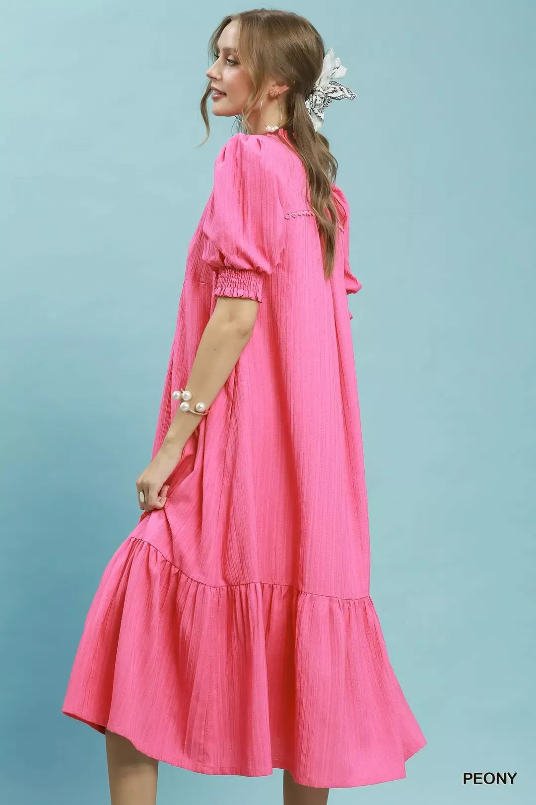 Umgee Textured Puff Sleeve Midi Dress Secondary image