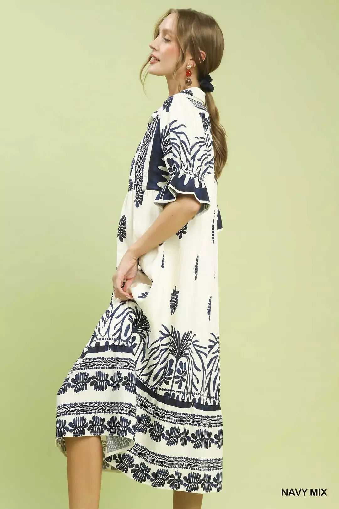 Umgee Border Print Midi Dress with Puff Sleeves Secondary image